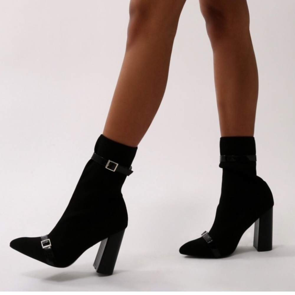 Public Desire Black Buckle Sock Boots | Size 6